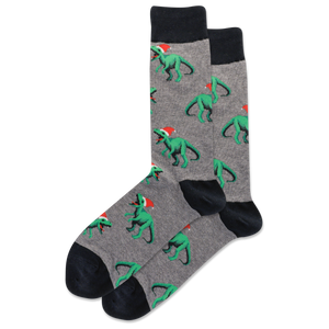 HOTSOX Men's T Rex with Santa Hat Crew Socks