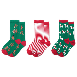 HOTSOX Kid's Holiday Gingerbread, Llamas, Stripe Crew Socks 3 Pair Pack