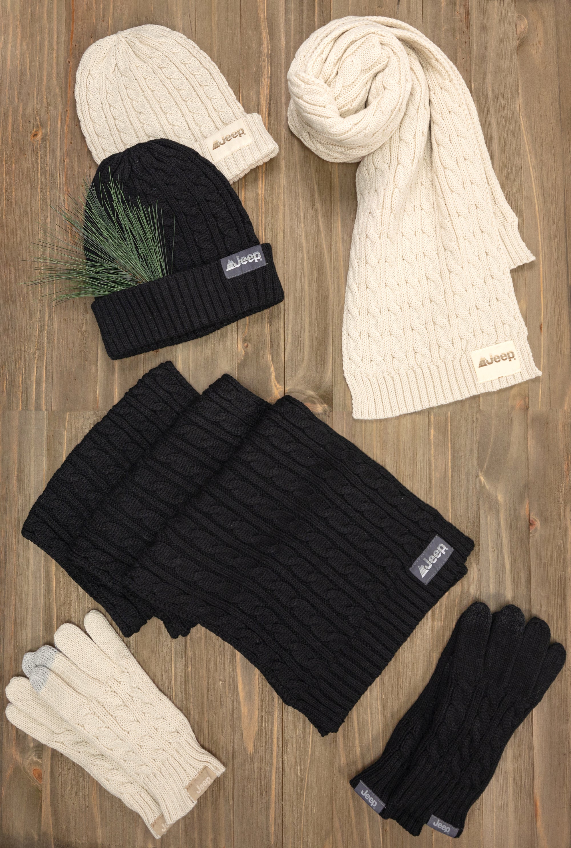 Jeep® 3-Piece Cable Knit Scarf, Hat and Glove Set – Loops & Wales