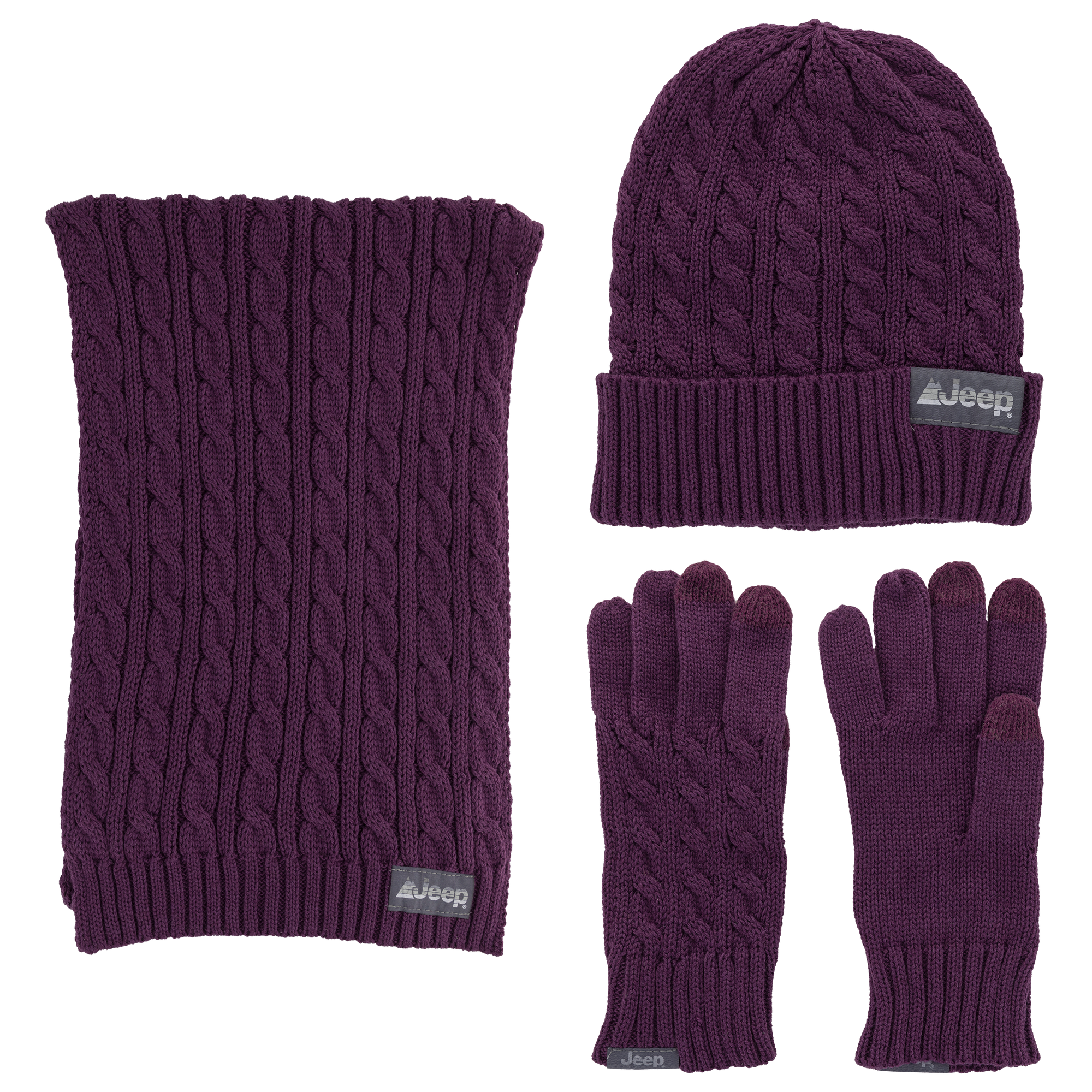 Jeep® 3-Piece Cable Knit Scarf, Wales Loops Hat & – Glove Set and